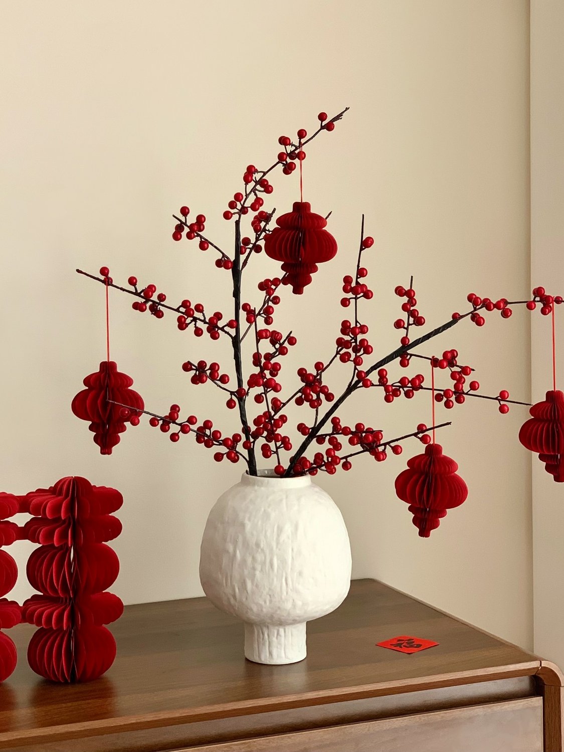 Artificial Holly Berry Bouquet with Ceramic Vase