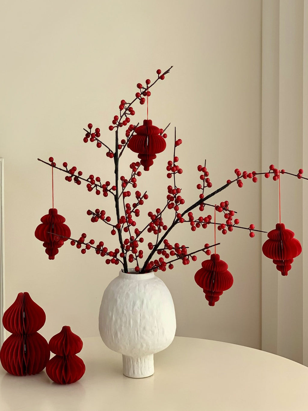 Artificial Holly Berry Bouquet with Ceramic Vase