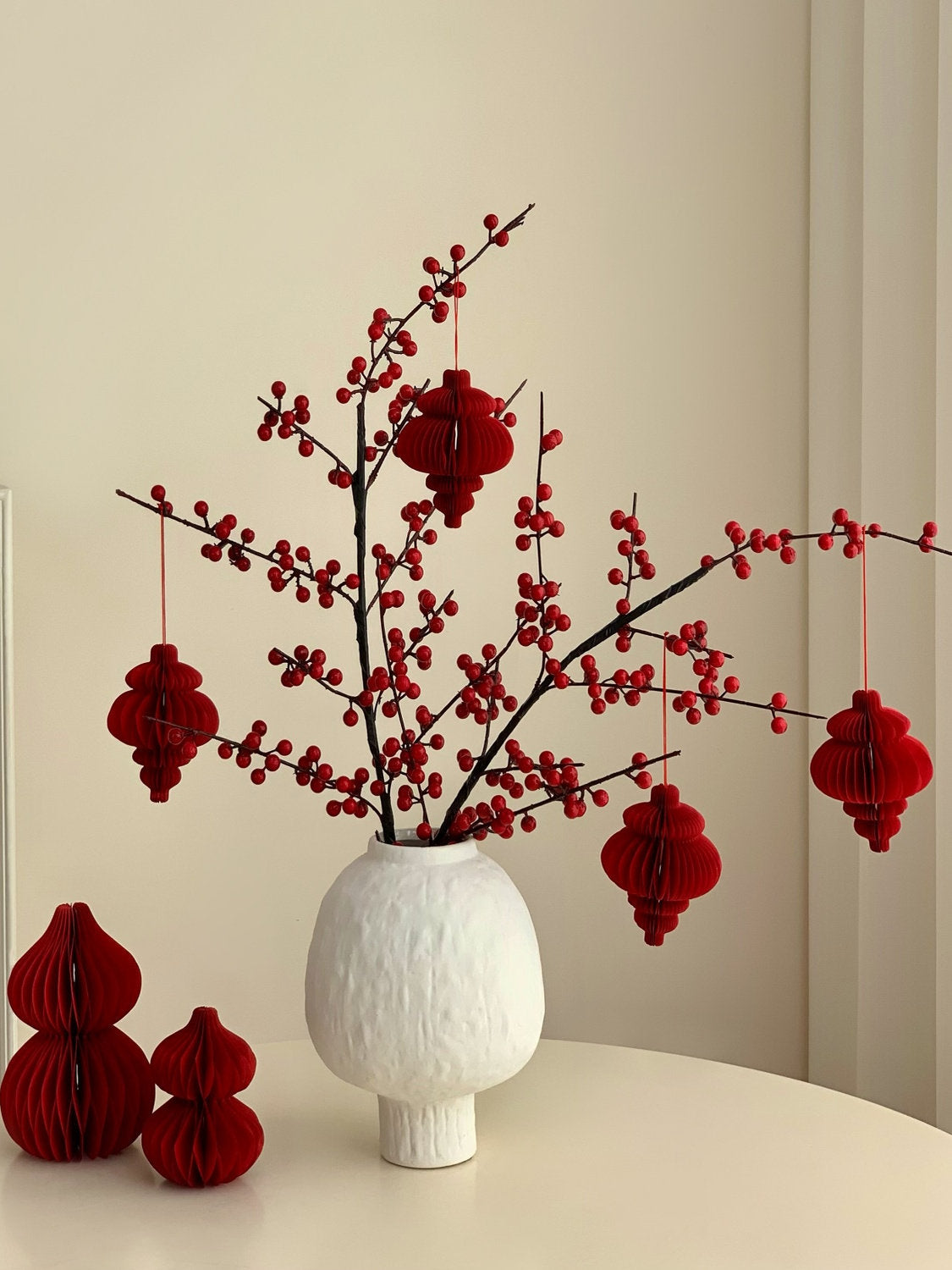 Artificial Holly Berry Bouquet with Ceramic Vase