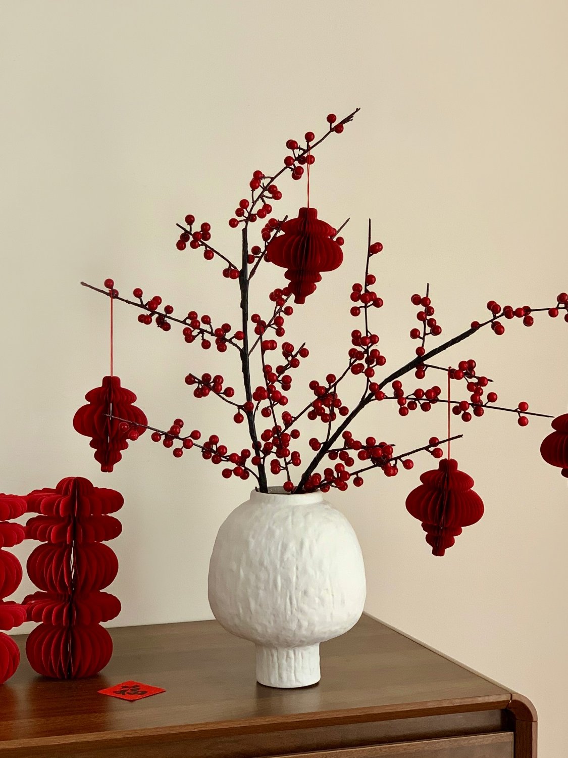 Artificial Holly Berry Bouquet with Ceramic Vase